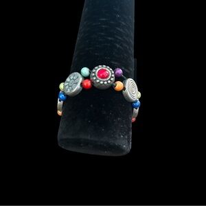 Vintage Boho Stretch Bracelet Multicolor Beads Rhinestones Silver Tone Etched